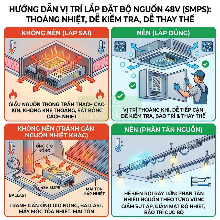 Hướng dẫn vị trí lắp đặt bộ nguồn 48V SMPS cho hệ đèn ray, minh họa cách lắp đúng và sai để thoáng nhiệt